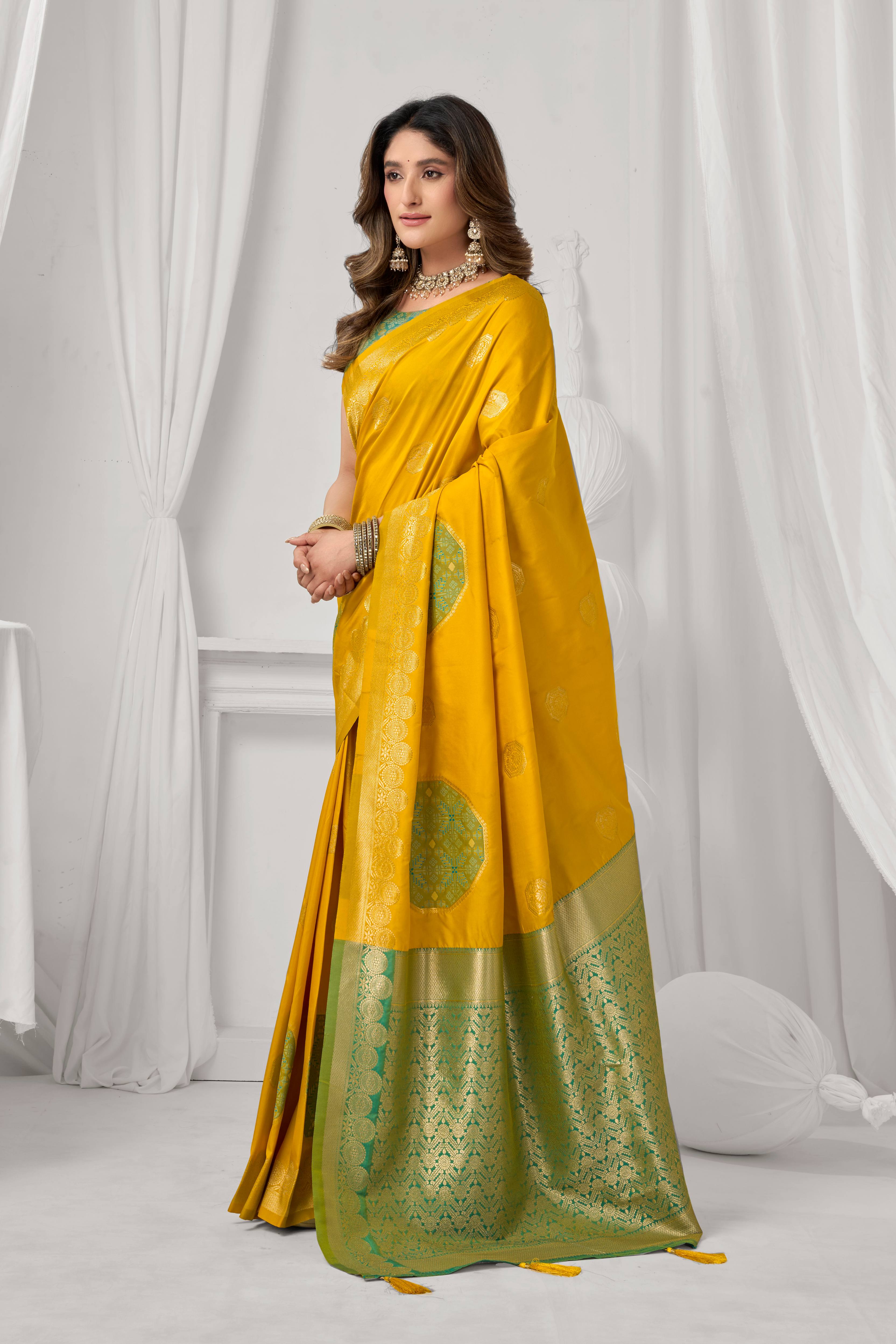 Jyoti Fashion Women's Yellow Soft Silk Zari Woven Saree with Blouse | Grocsy