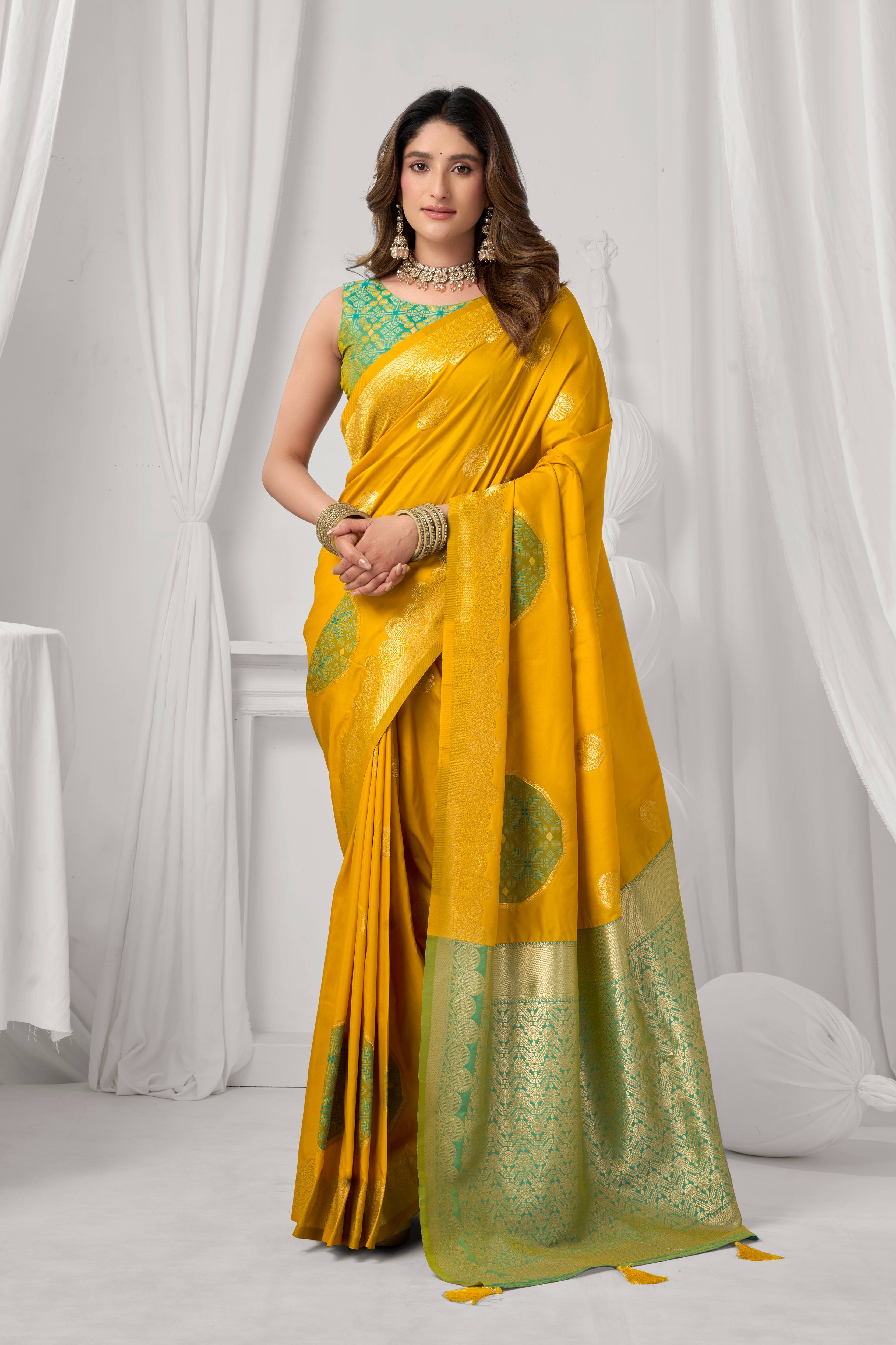 Jyoti Fashion Women's Yellow Soft Silk Zari Woven Saree with Blouse | Grocsy