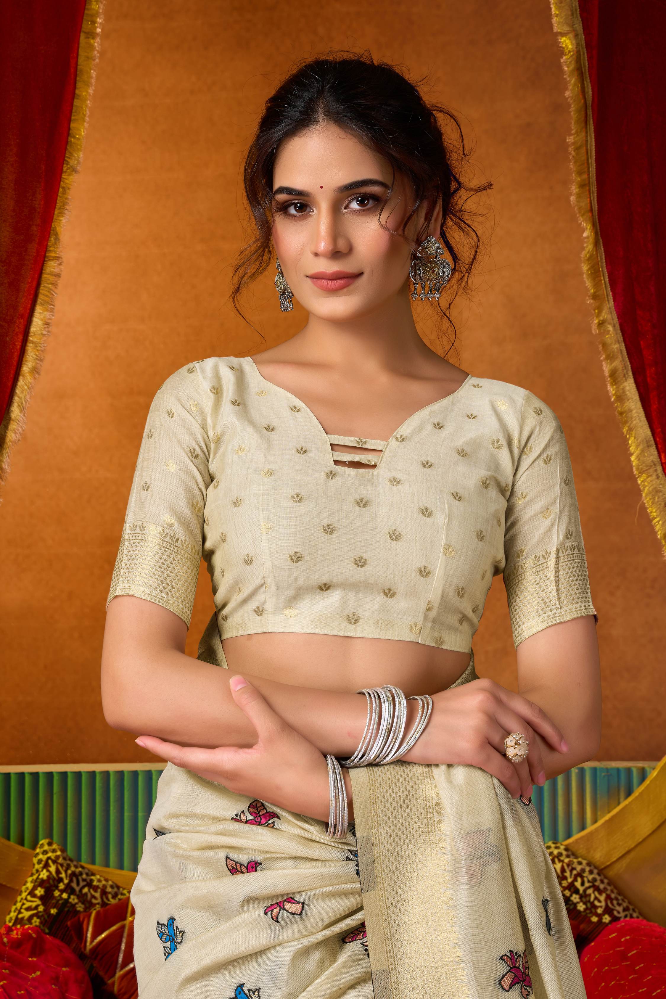 Jyoti Fashion Women's Cream Modal Zari Woven Saree with Blouse | Grocsy