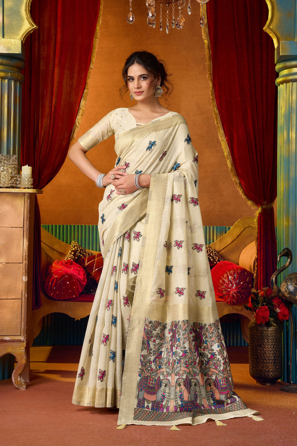 Jyoti Fashion Women's Cream Modal Zari Woven Saree with Blouse | Grocsy