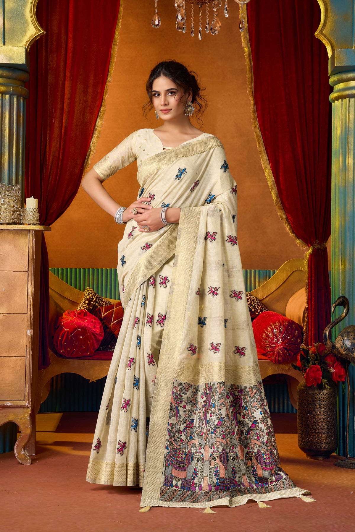 Jyoti Fashion Women's Cream Modal Zari Woven Saree with Blouse | Grocsy