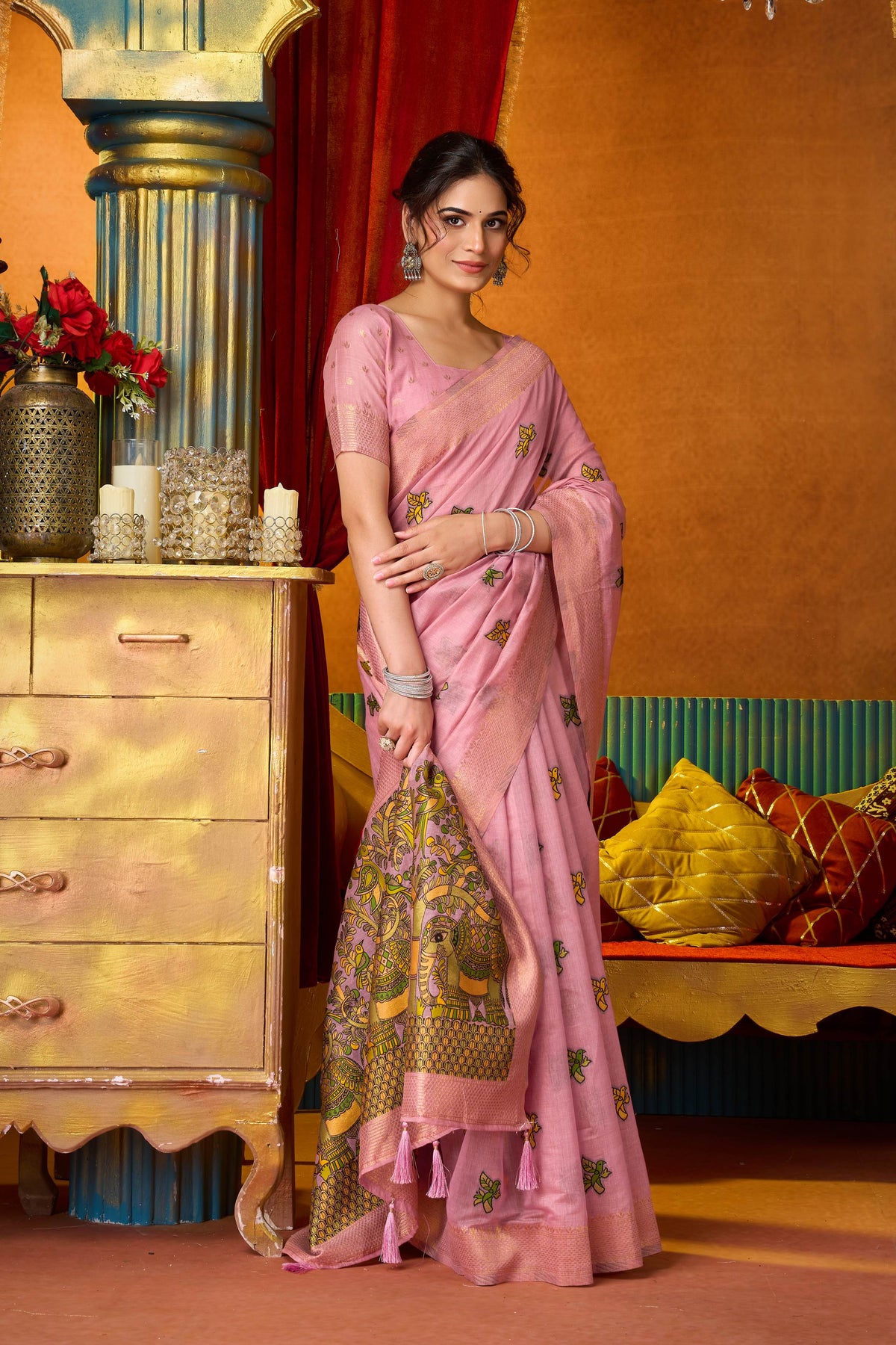 Jyoti Fashion Women's Pink Modal Zari Woven Saree with Blouse | Grocsy