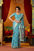 Jyoti Fashion Women's Turquoise Modal Zari Woven Saree with Blouse | Grocsy