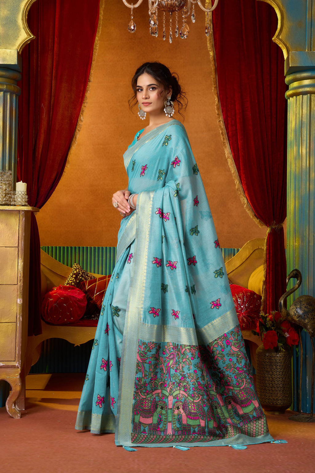 Jyoti Fashion Women's Turquoise Modal Zari Woven Saree with Blouse | Grocsy