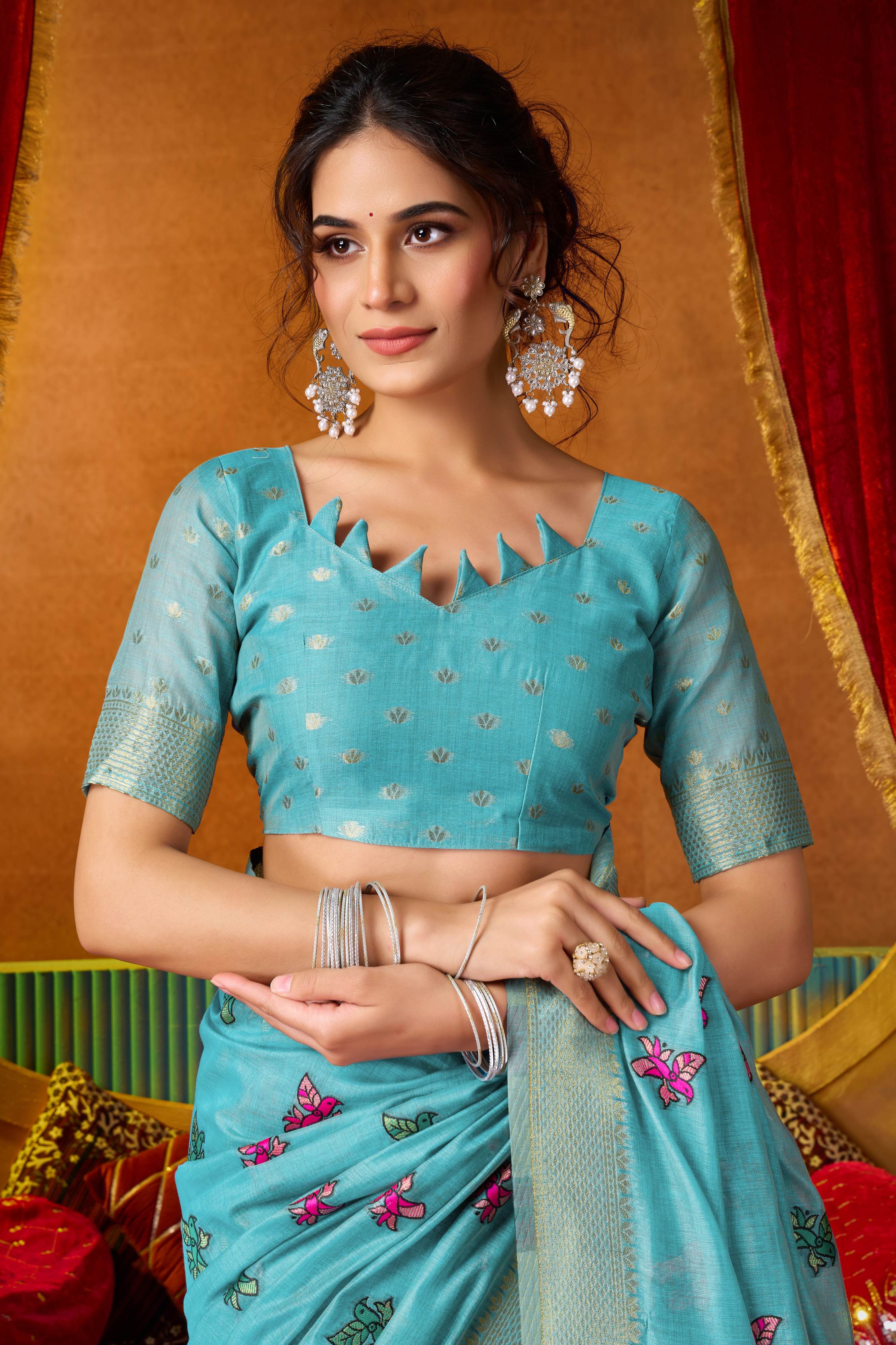 Jyoti Fashion Women's Turquoise Modal Zari Woven Saree with Blouse | Grocsy
