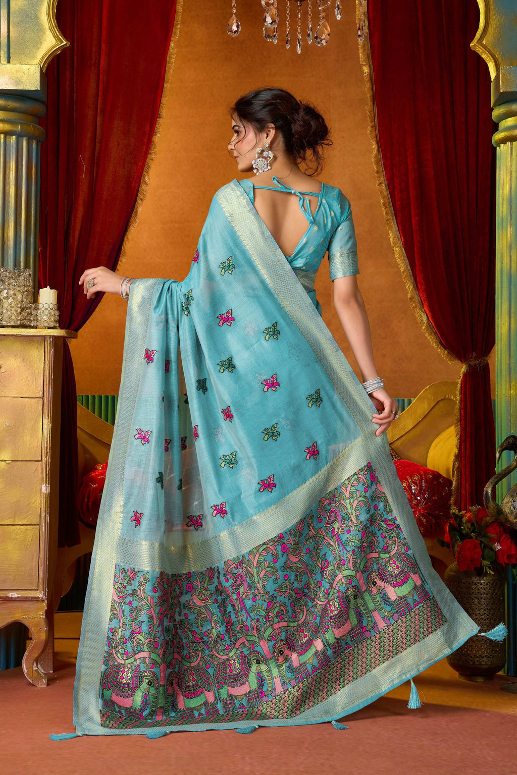 Jyoti Fashion Women's Turquoise Modal Zari Woven Saree with Blouse | Grocsy