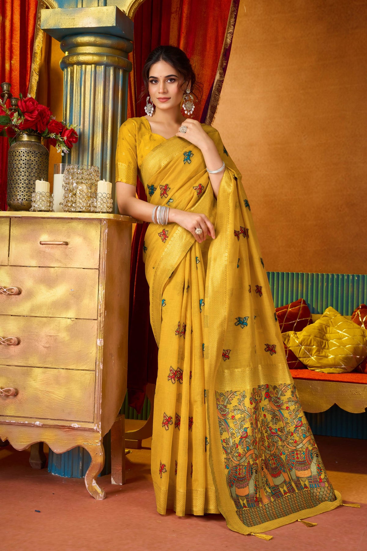 Jyoti Fashion Women's Yellow Modal Zari Woven Saree with Blouse | Grocsy