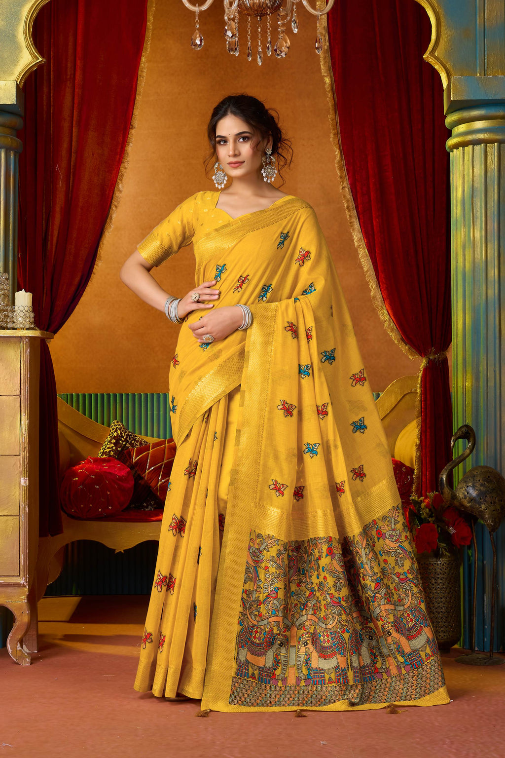 Jyoti Fashion Women's Yellow Modal Zari Woven Saree with Blouse | Grocsy