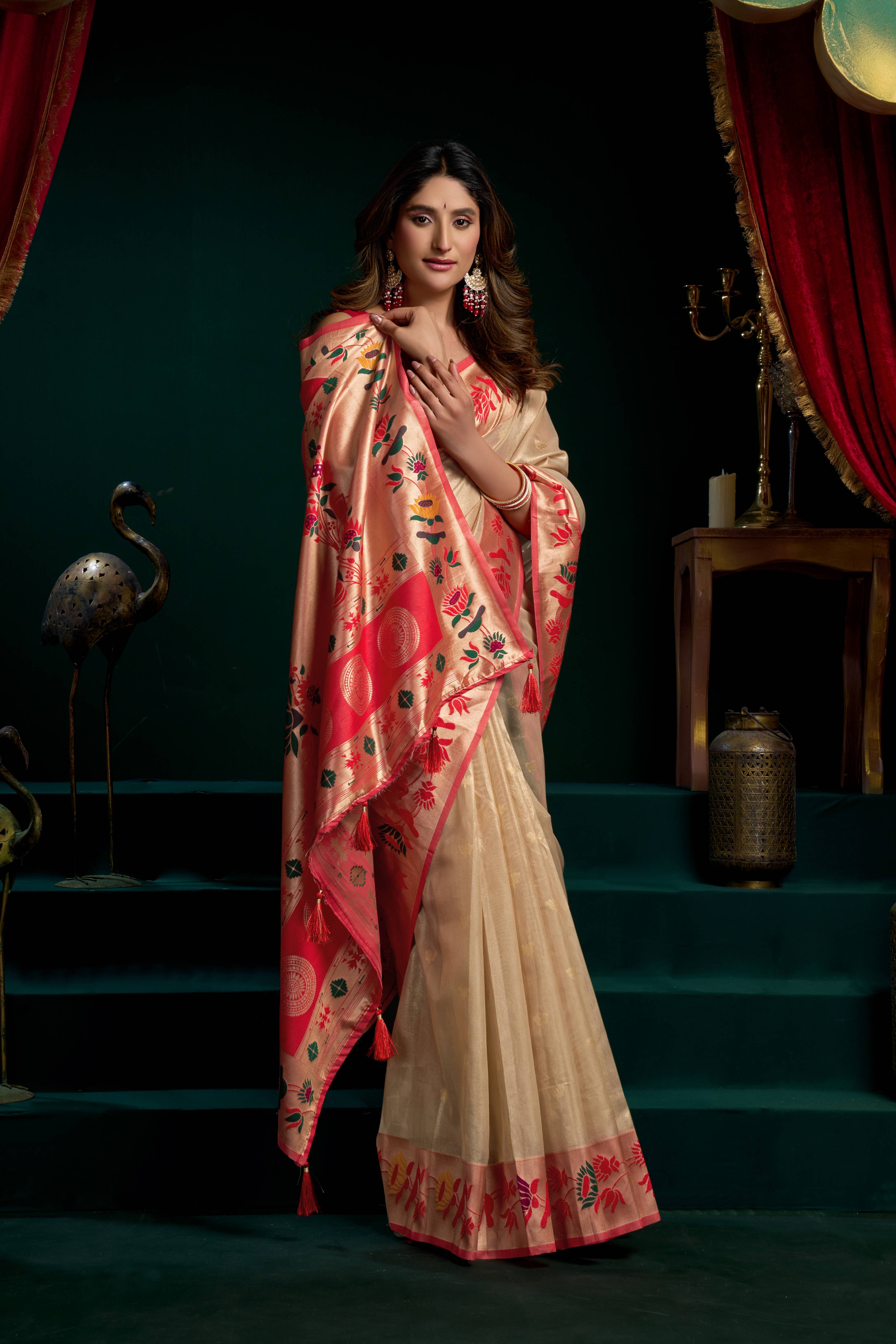 Jyoti Fashion Women's Cream Tissue Paithani Zari Woven Saree with Blouse | Grocsy
