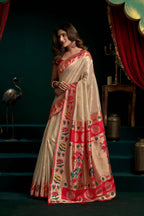 Jyoti Fashion Women's Cream Tissue Paithani Zari Woven Saree with Blouse | Grocsy