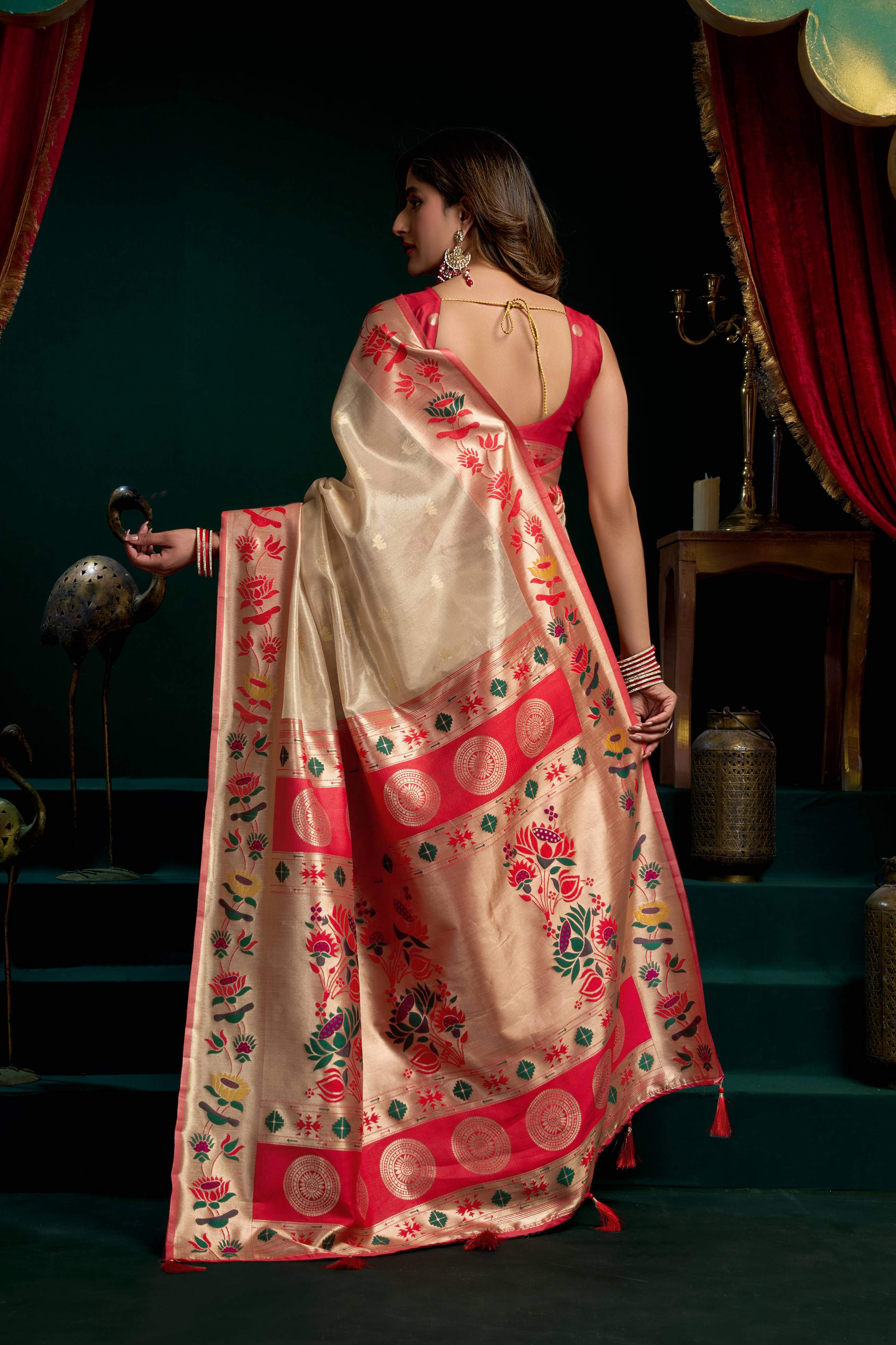 Jyoti Fashion Women's Cream Tissue Paithani Zari Woven Saree with Blouse | Grocsy