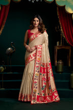 Jyoti Fashion Women's Cream Tissue Paithani Zari Woven Saree with Blouse | Grocsy