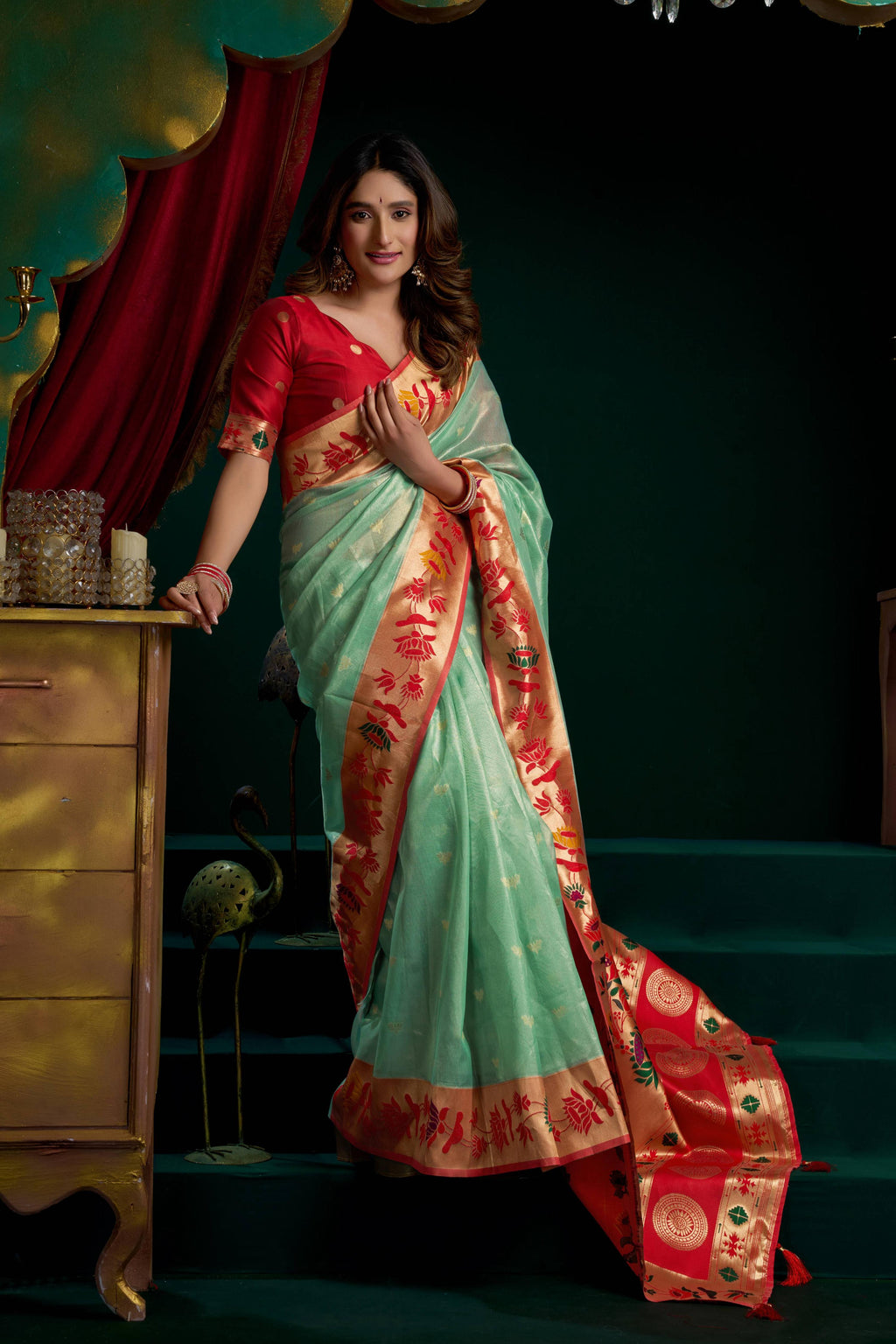 Jyoti Fashion Women's Sea Green Tissue Paithani Zari Woven Saree with Blouse | Grocsy