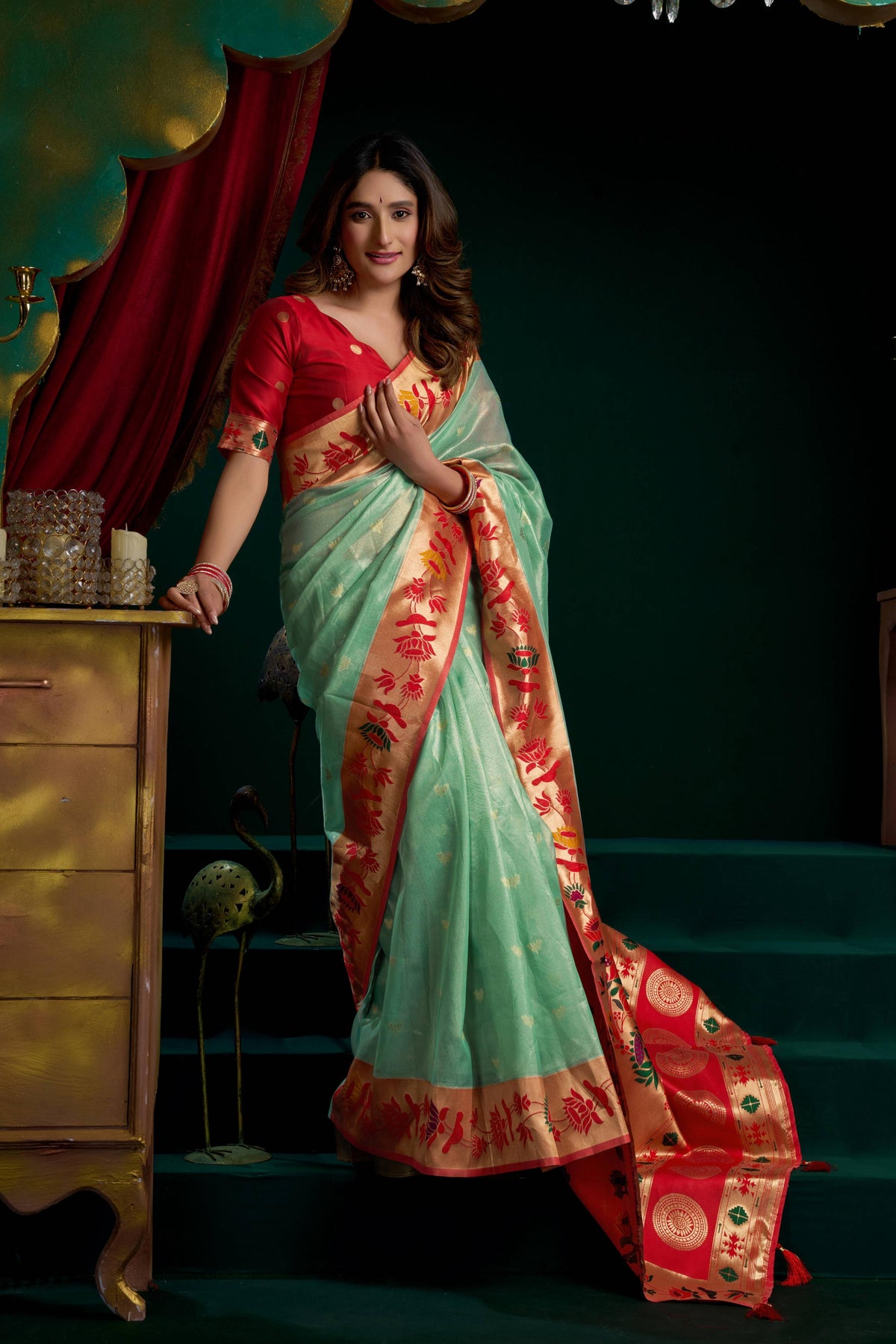 Jyoti Fashion Women's Sea Green Tissue Paithani Zari Woven Saree with Blouse | Grocsy