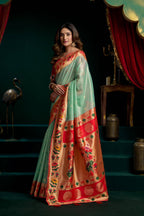 Jyoti Fashion Women's Sea Green Tissue Paithani Zari Woven Saree with Blouse | Grocsy