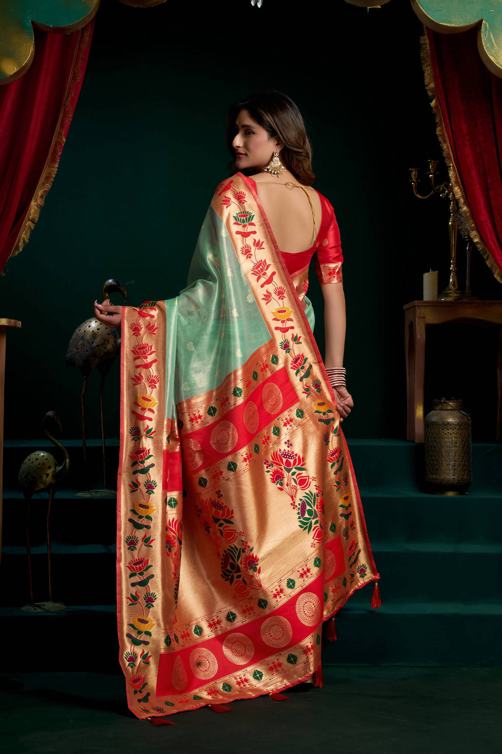 Jyoti Fashion Women's Sea Green Tissue Paithani Zari Woven Saree with Blouse | Grocsy
