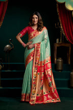 Jyoti Fashion Women's Sea Green Tissue Paithani Zari Woven Saree with Blouse | Grocsy