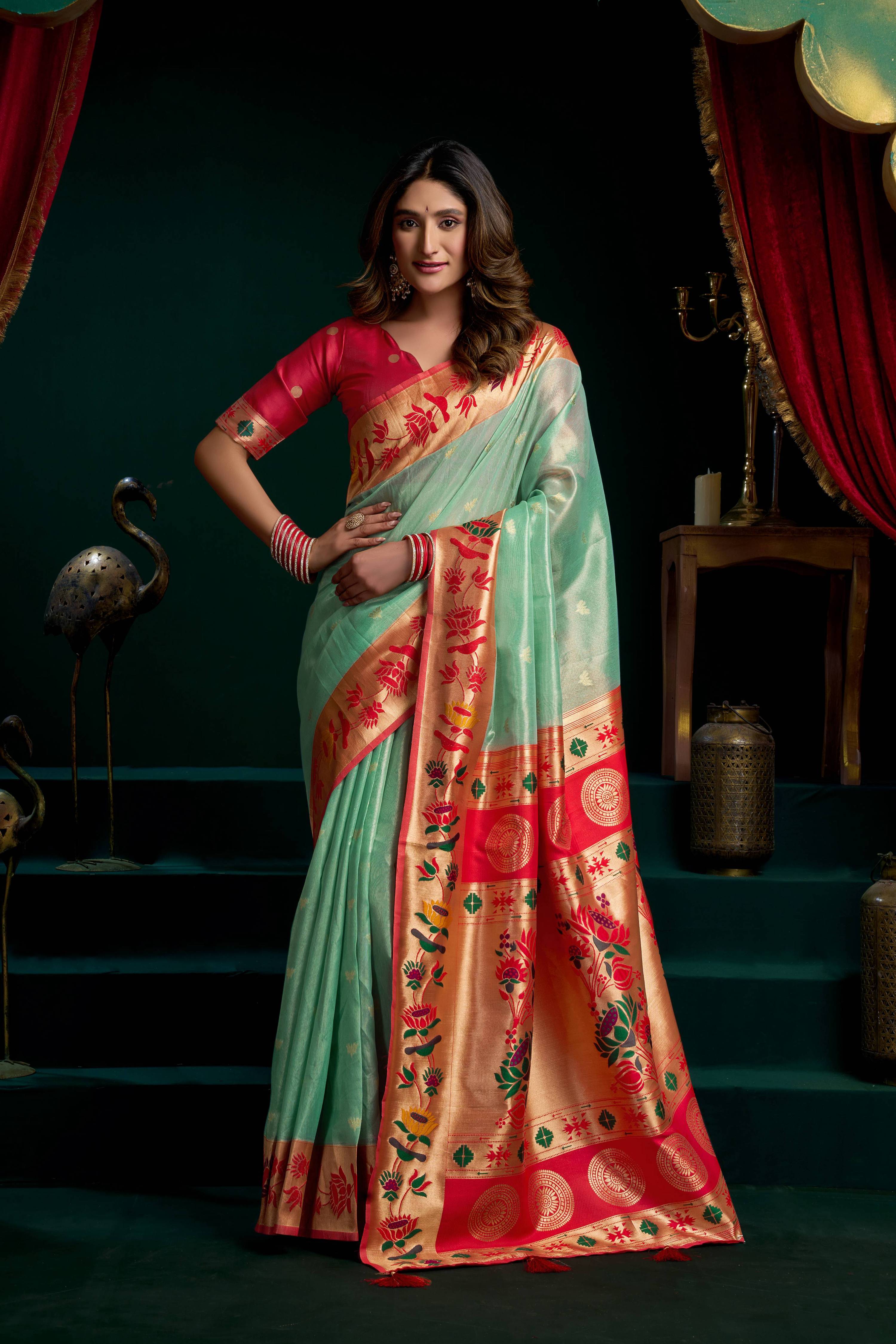 Jyoti Fashion Women's Sea Green Tissue Paithani Zari Woven Saree with Blouse | Grocsy