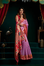 Jyoti Fashion Women's Purple Tissue Paithani Zari Woven Saree with Blouse | Grocsy