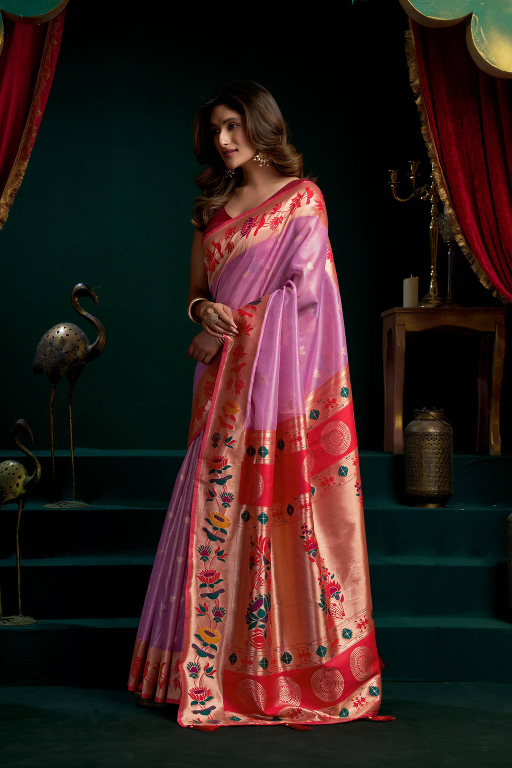 Jyoti Fashion Women's Purple Tissue Paithani Zari Woven Saree with Blouse | Grocsy