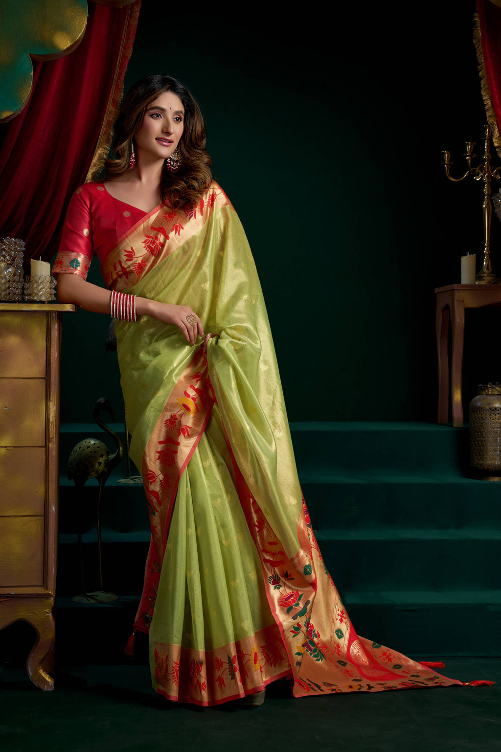 Jyoti Fashion Women's Green Tissue Paithani Zari Woven Saree with Blouse | Grocsy
