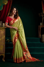 Jyoti Fashion Women's Green Tissue Paithani Zari Woven Saree with Blouse | Grocsy