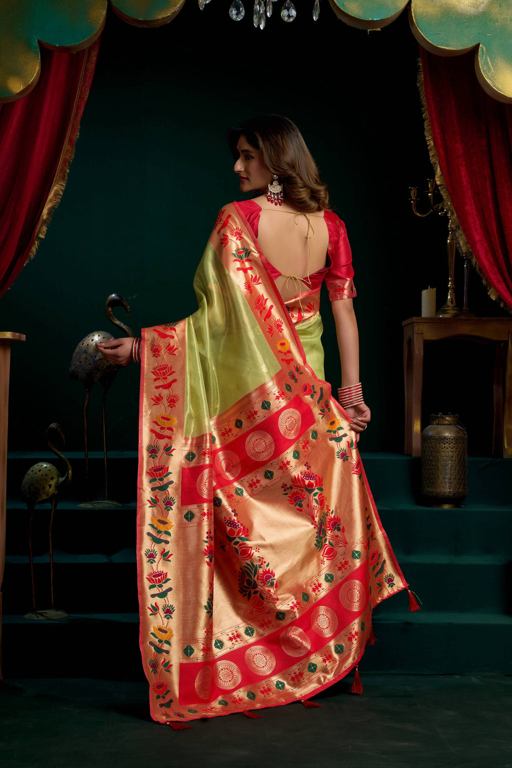Jyoti Fashion Women's Green Tissue Paithani Zari Woven Saree with Blouse | Grocsy