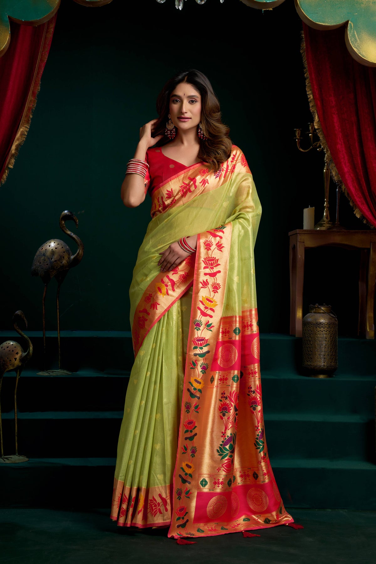 Jyoti Fashion Women's Green Tissue Paithani Zari Woven Saree with Blouse | Grocsy