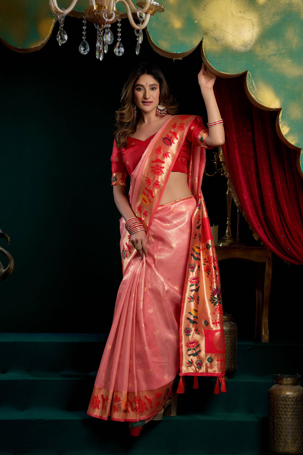 Jyoti Fashion Women's Peach Tissue Paithani Zari Woven Saree with Blouse | Grocsy