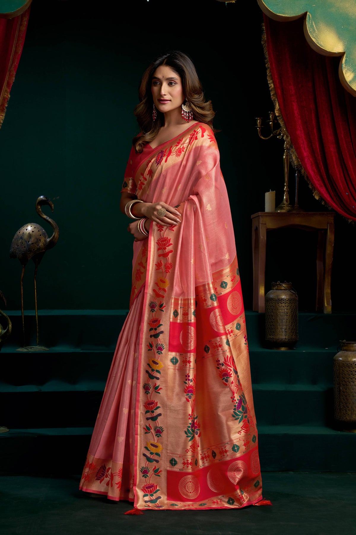 Jyoti Fashion Women's Peach Tissue Paithani Zari Woven Saree with Blouse | Grocsy
