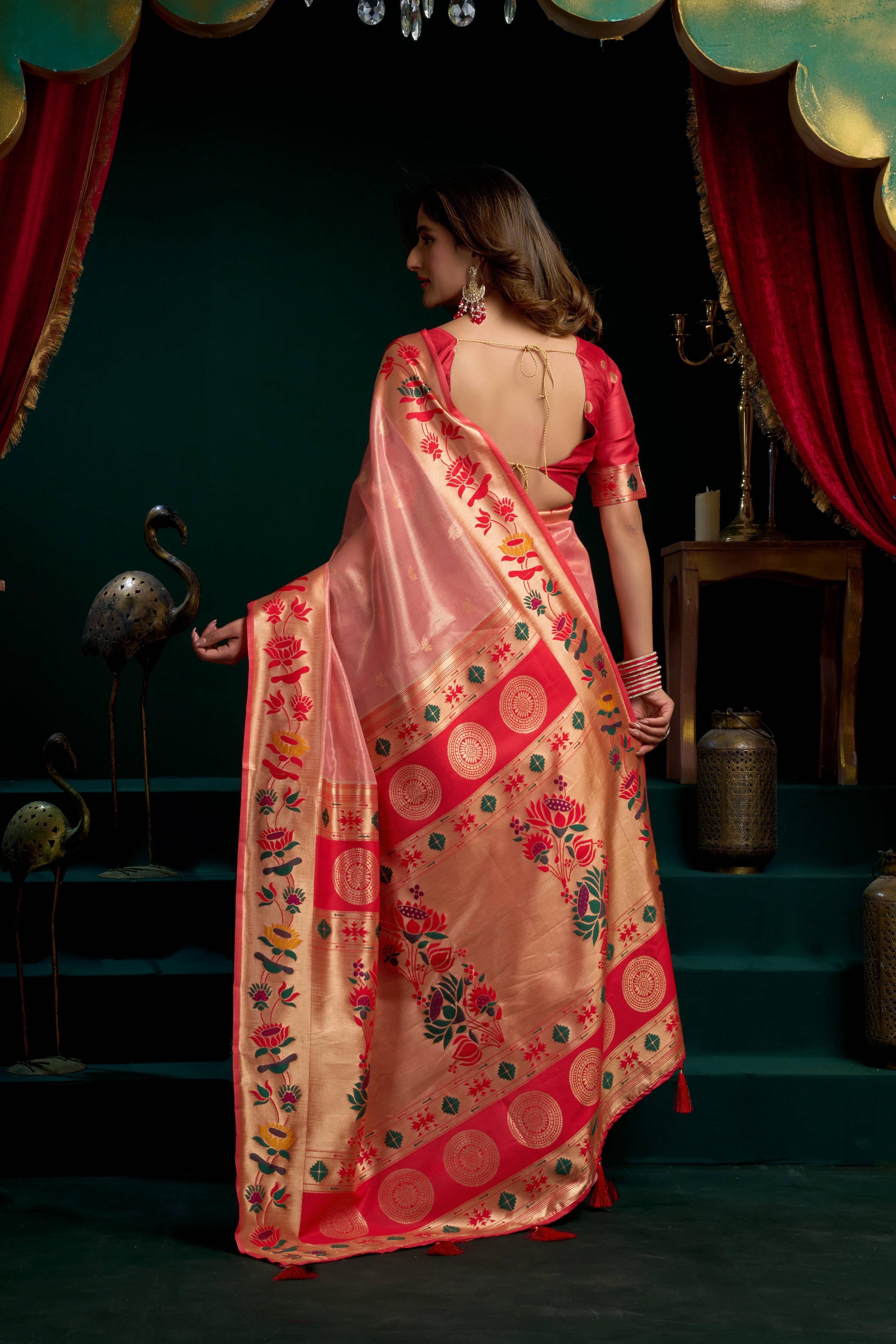 Jyoti Fashion Women's Peach Tissue Paithani Zari Woven Saree with Blouse | Grocsy