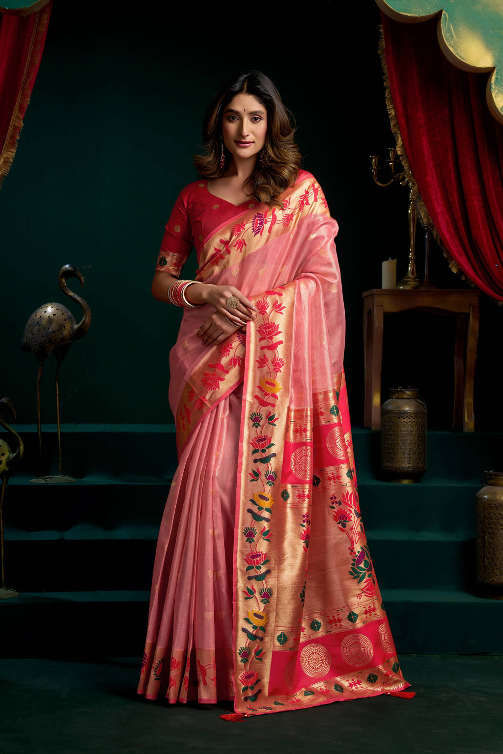 Jyoti Fashion Women's Peach Tissue Paithani Zari Woven Saree with Blouse | Grocsy
