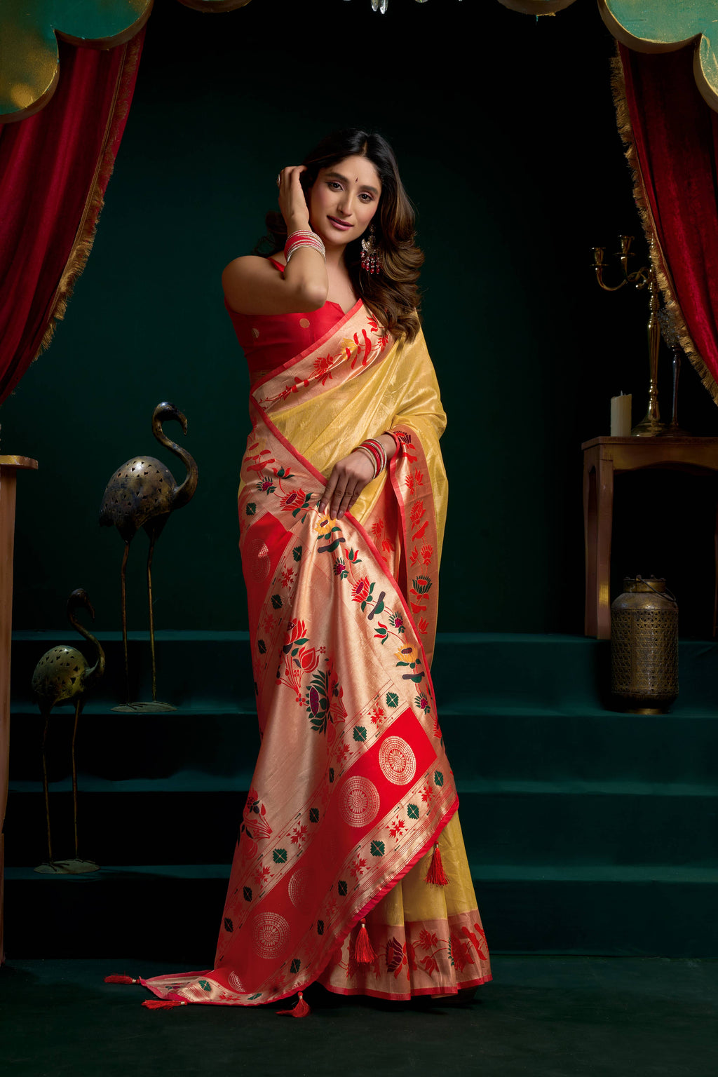 Jyoti Fashion Women's Mustard Tissue Paithani Zari Woven Saree with Blouse | Grocsy