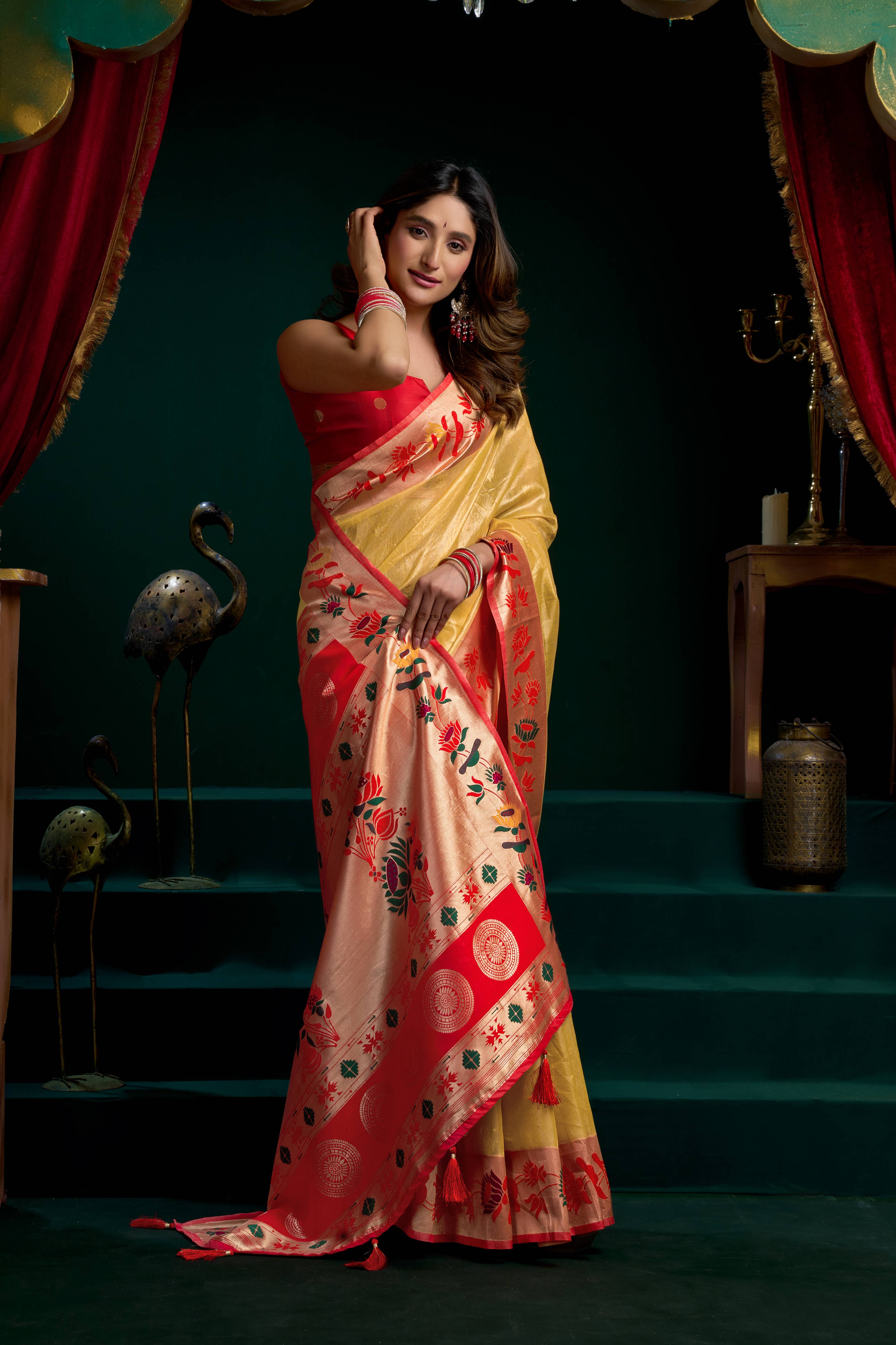 Jyoti Fashion Women's Mustard Tissue Paithani Zari Woven Saree with Blouse | Grocsy