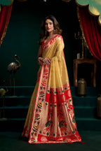 Jyoti Fashion Women's Mustard Tissue Paithani Zari Woven Saree with Blouse | Grocsy