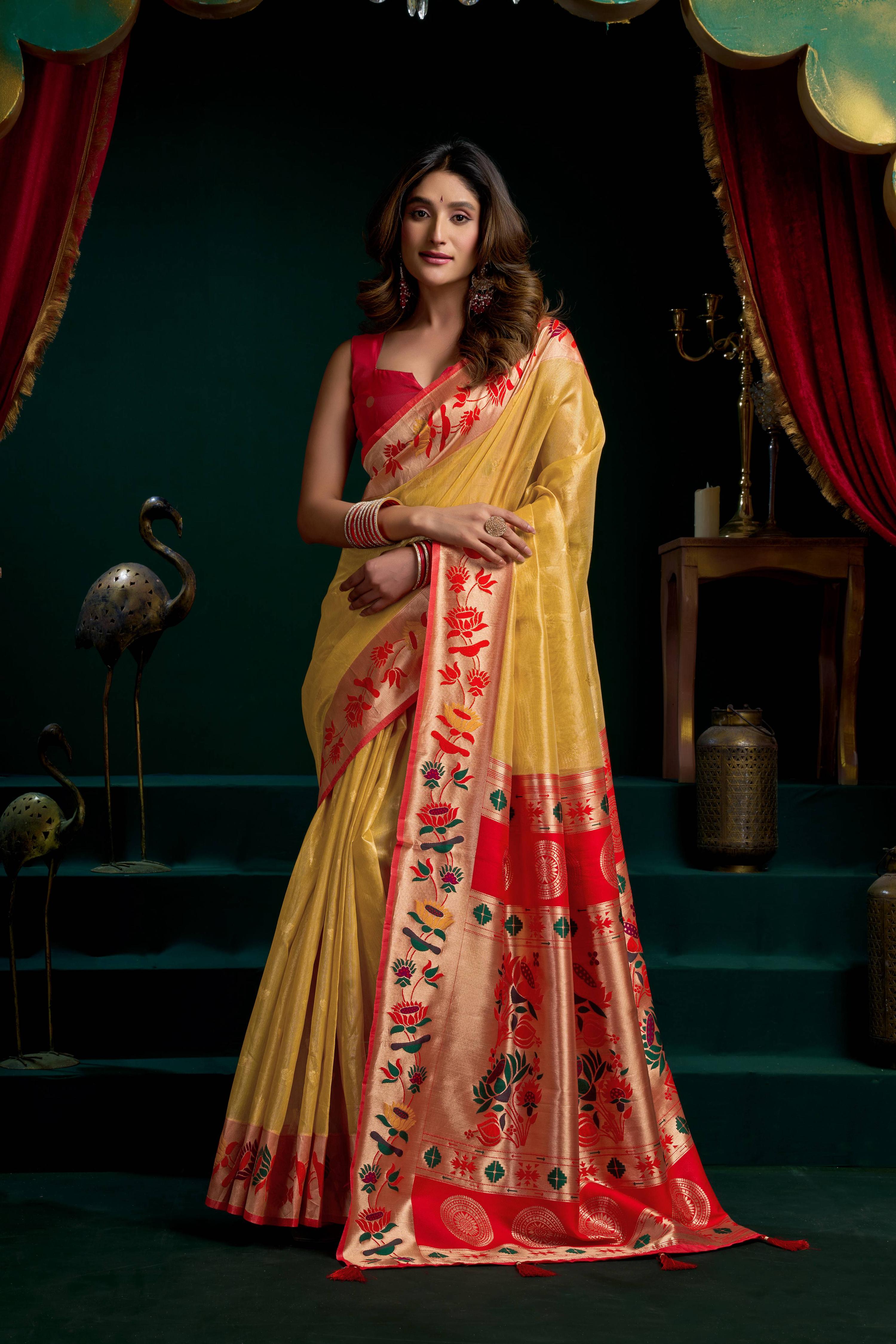Jyoti Fashion Women's Mustard Tissue Paithani Zari Woven Saree with Blouse | Grocsy