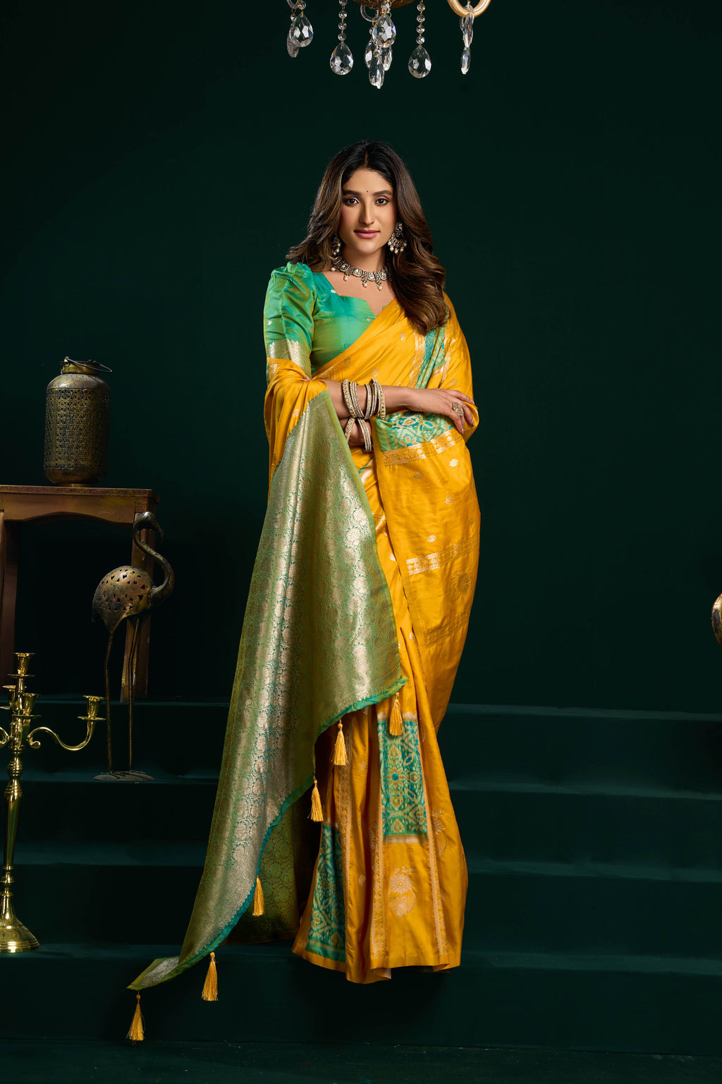 Jyoti Fashion Women's Yellow Soft Silk Zari Woven Saree with Blouse | Grocsy