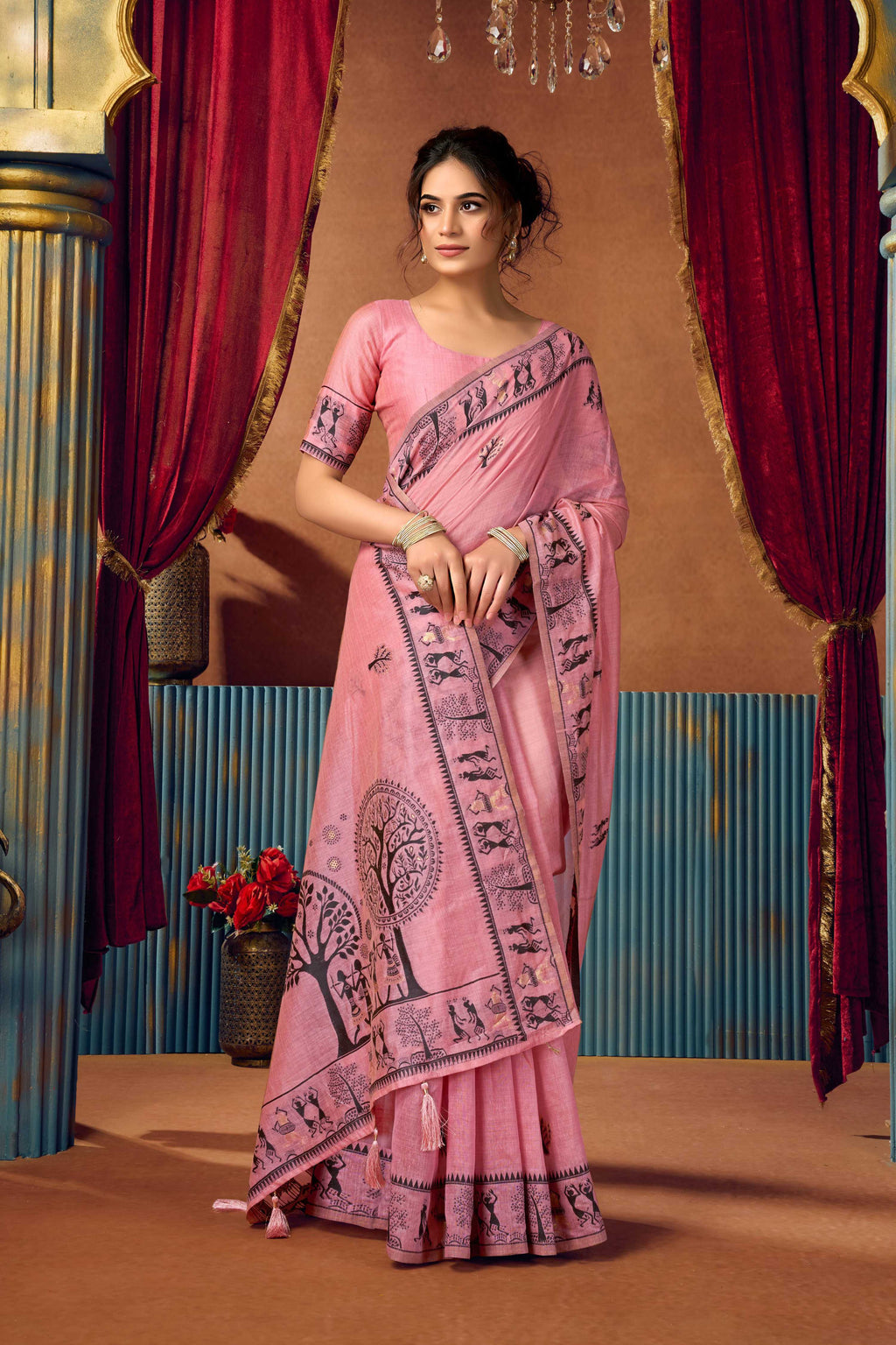 Jyoti Fashion Women's Pink Modal Zari Woven Saree with Blouse | Grocsy