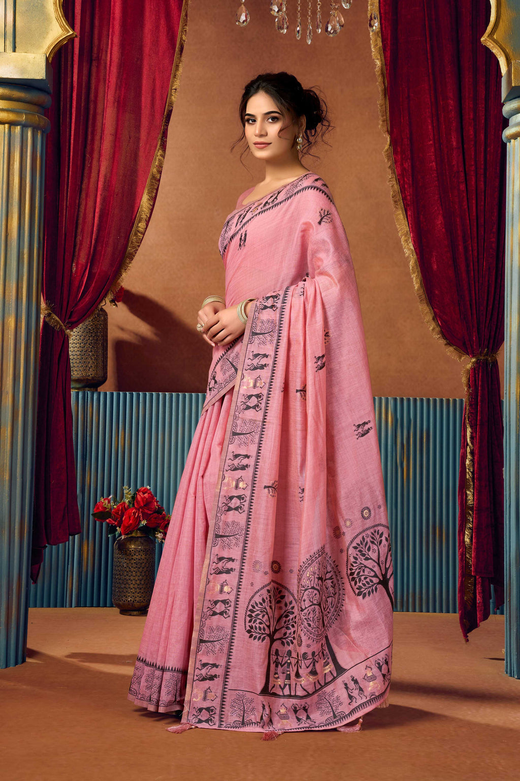 Jyoti Fashion Women's Pink Modal Zari Woven Saree with Blouse | Grocsy