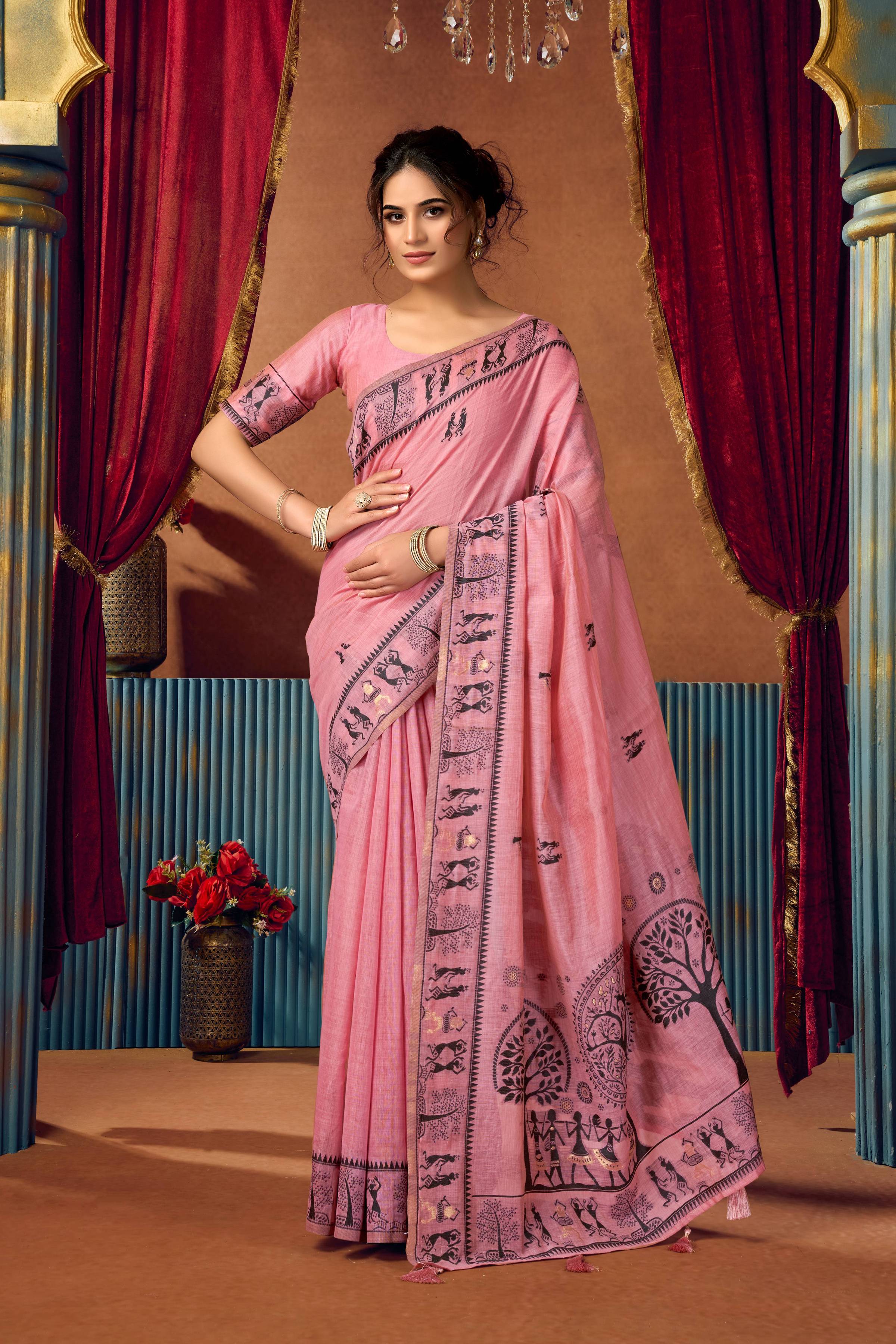 Jyoti Fashion Women's Pink Modal Zari Woven Saree with Blouse | Grocsy