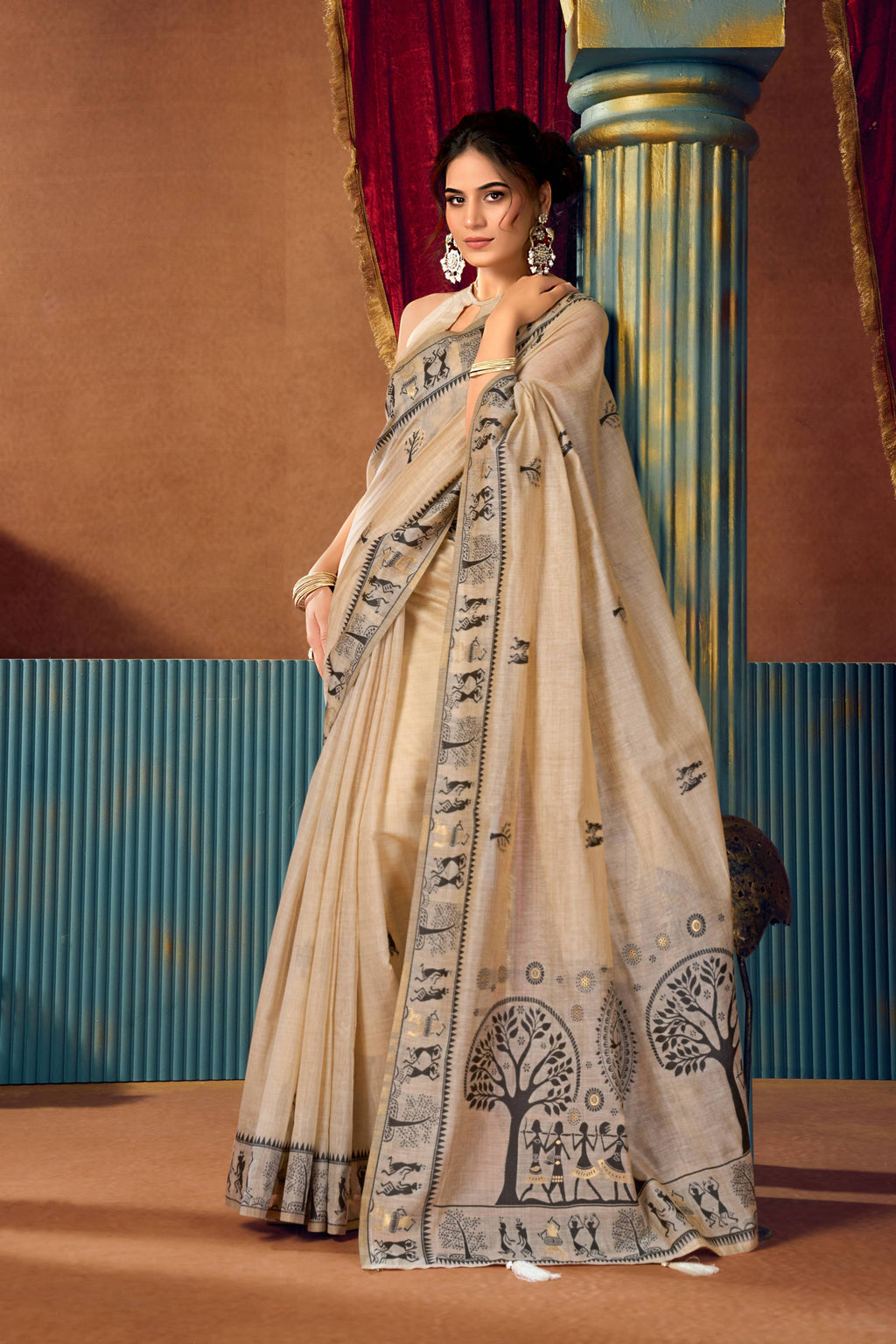 Jyoti Fashion Women's Beige Modal Zari Woven Saree with Blouse | Grocsy