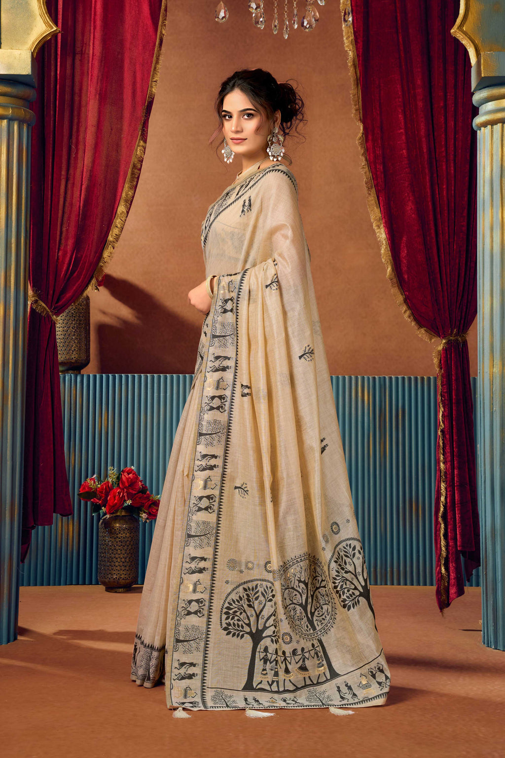 Jyoti Fashion Women's Beige Modal Zari Woven Saree with Blouse | Grocsy