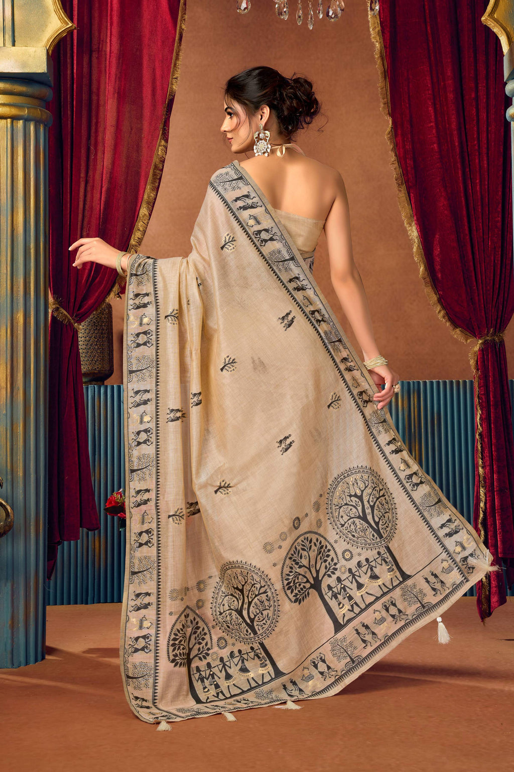 Jyoti Fashion Women's Beige Modal Zari Woven Saree with Blouse | Grocsy