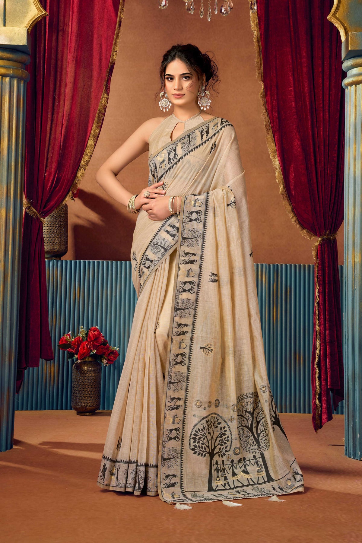 Jyoti Fashion Women's Beige Modal Zari Woven Saree with Blouse | Grocsy
