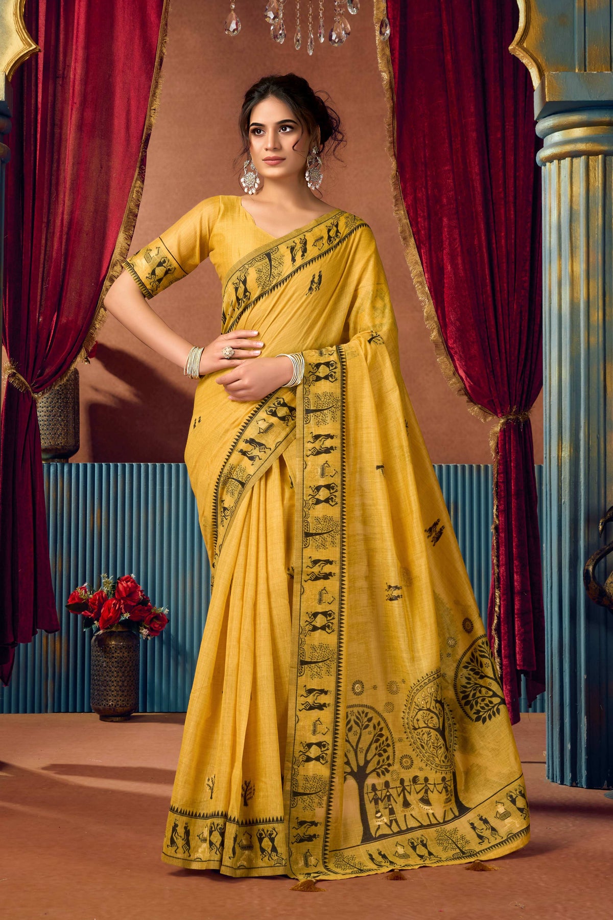 Jyoti Fashion Women's Yellow Modal Zari Woven Saree with Blouse | Grocsy