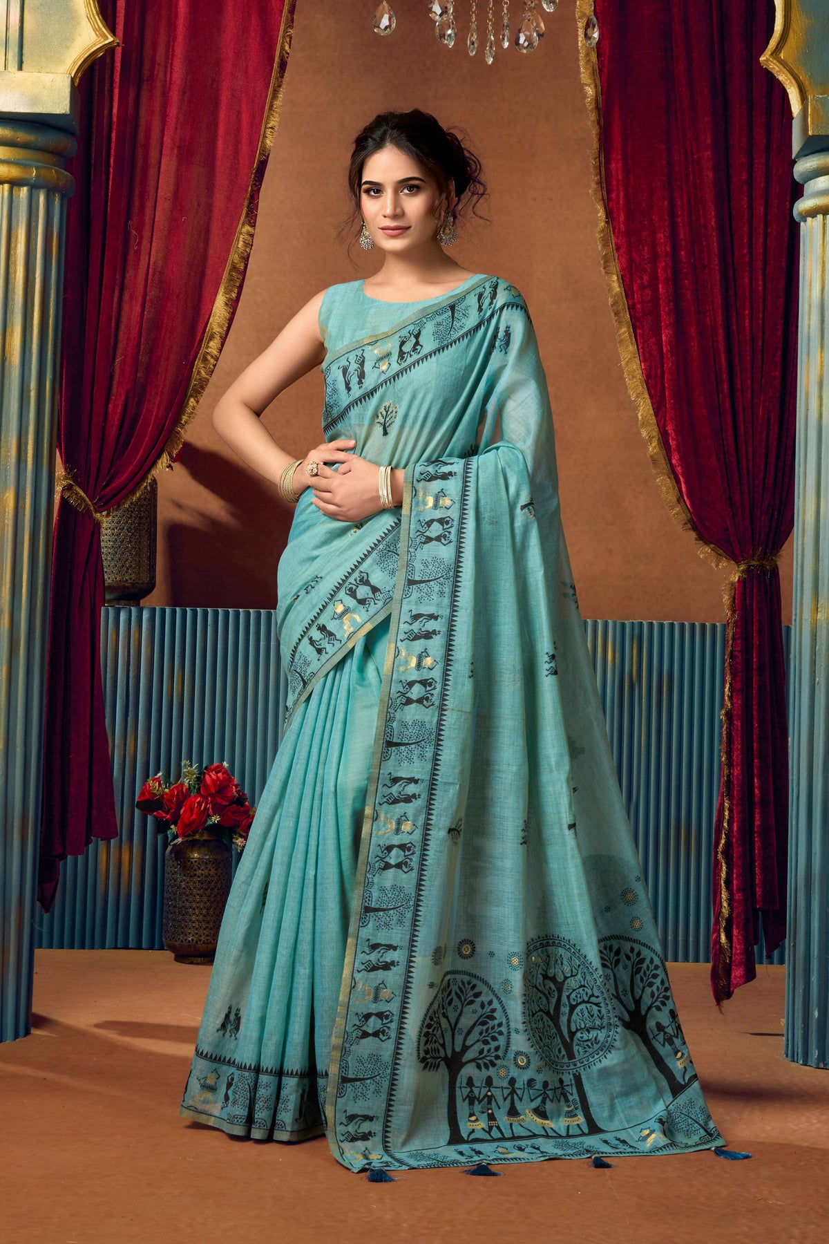 Jyoti Fashion Women's Turquoise Modal Zari Woven Saree with Blouse | Grocsy