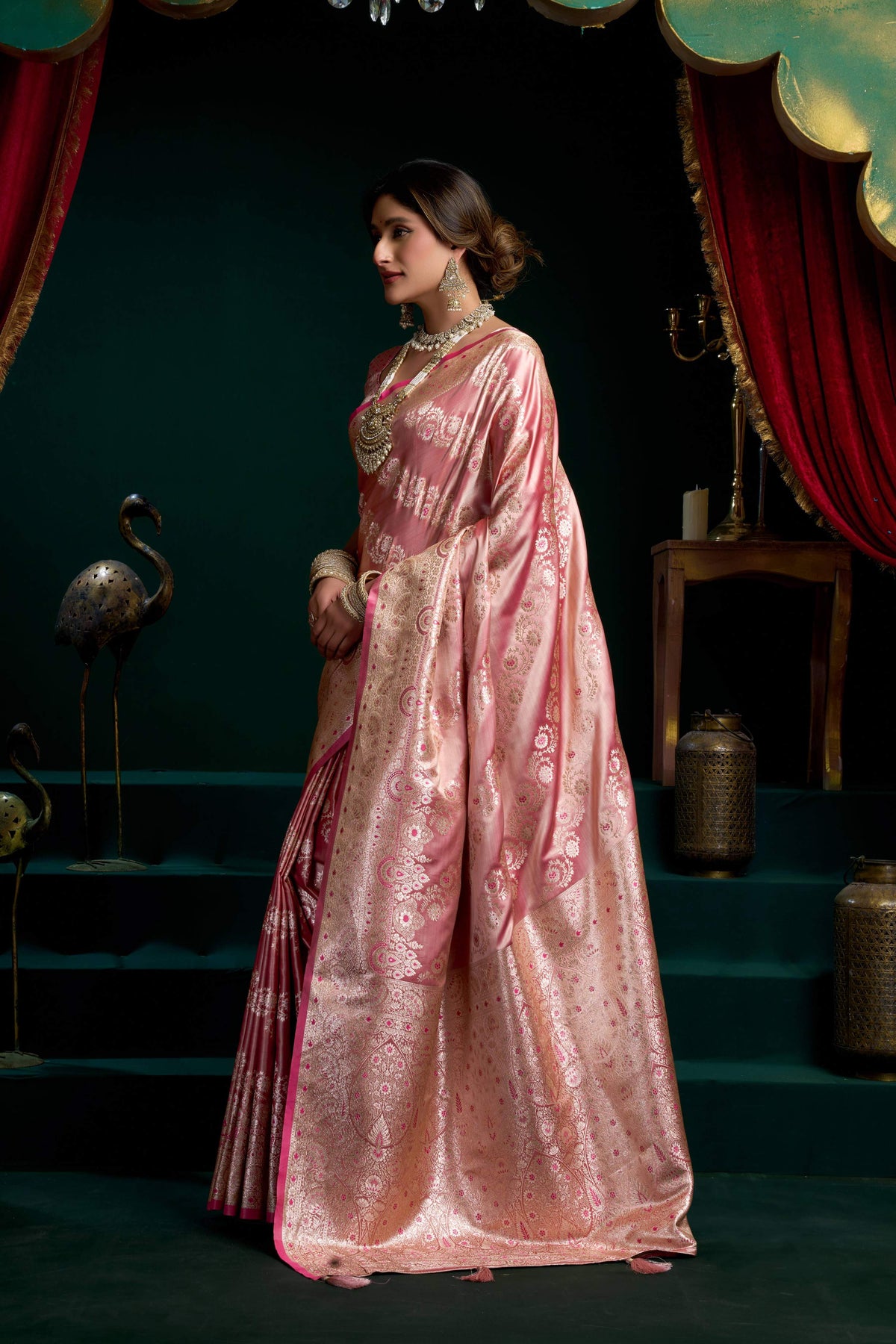 Jyoti Fashion Women's Baby Pink Satin Silk Zari Woven Saree with Blouse | Grocsy