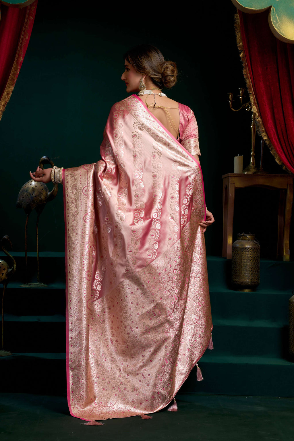 Jyoti Fashion Women's Baby Pink Satin Silk Zari Woven Saree with Blouse | Grocsy