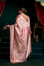 Jyoti Fashion Women's Baby Pink Satin Silk Zari Woven Saree with Blouse | Grocsy