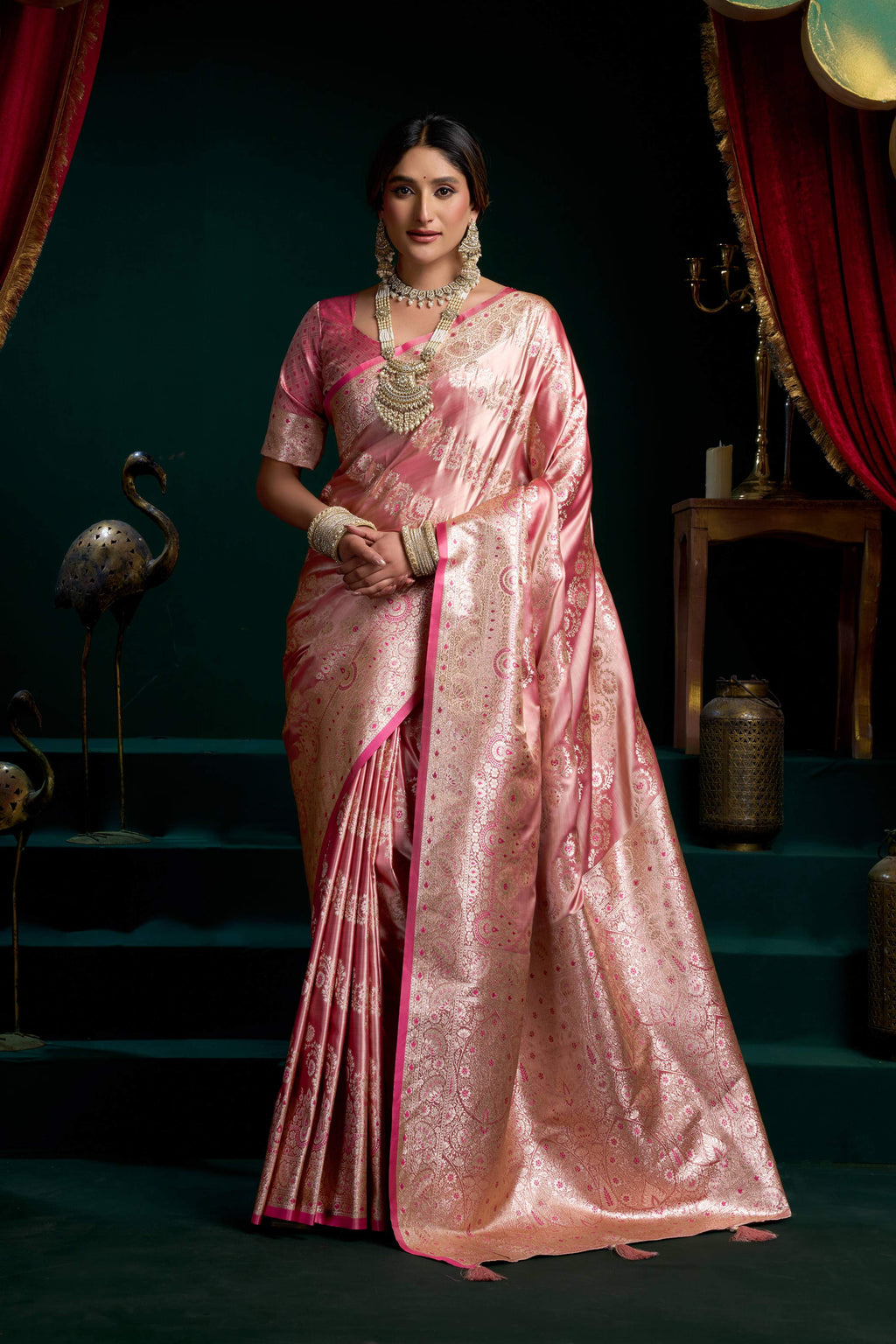 Jyoti Fashion Women's Baby Pink Satin Silk Zari Woven Saree with Blouse | Grocsy